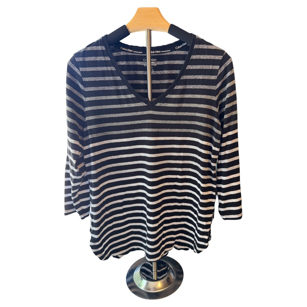 Calvin Klein Performance Womens Striped V-Neck Long Sleeve Top Black Grey Small